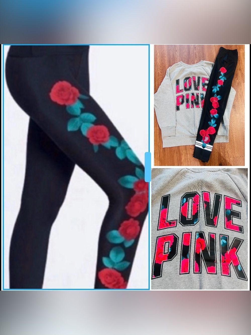 VS PINK ROSES SWEATSHIRT/ ULTIMATE LEGGINGS OUTFIT LARGE
